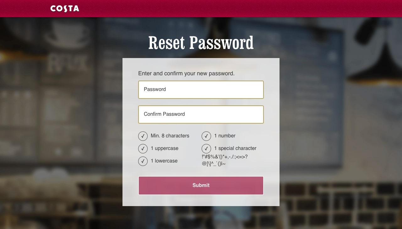 Costa Reset Password